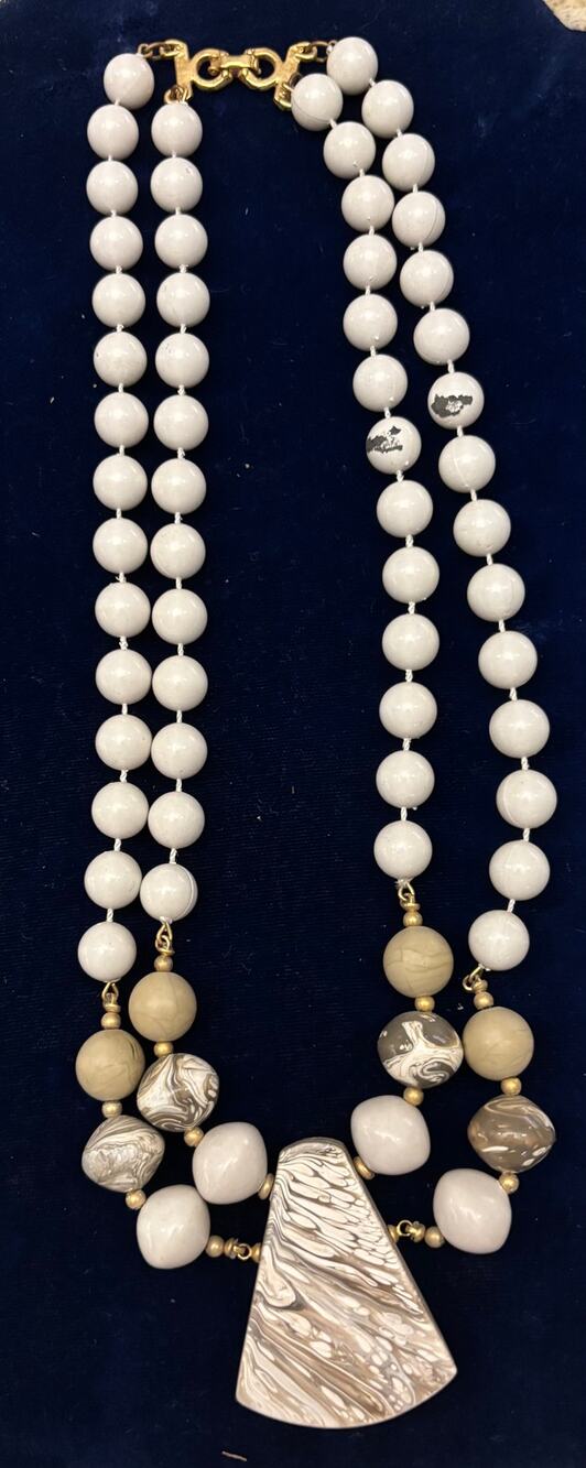 Vintage White Gray Marbled Beads Gold Accents Double Strand 20" Necklace